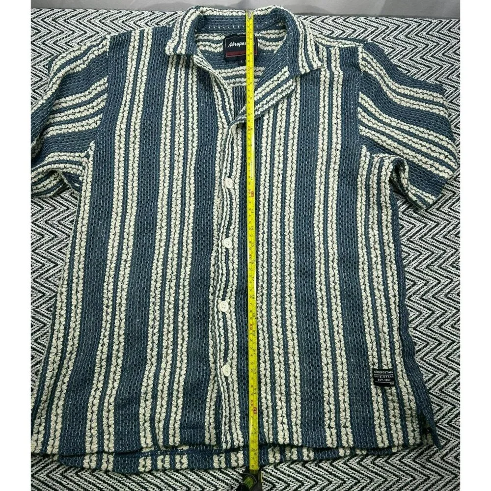 Aeropostale Men's Striped Button-Up Shirt L Blue White Textured Knit Casual Top - Picture 1 of 6